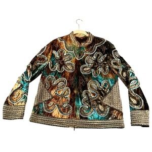Vestire by IKA Brown Teal Velvet Beaded Embellished Zip‎ Up Jacket Size 14